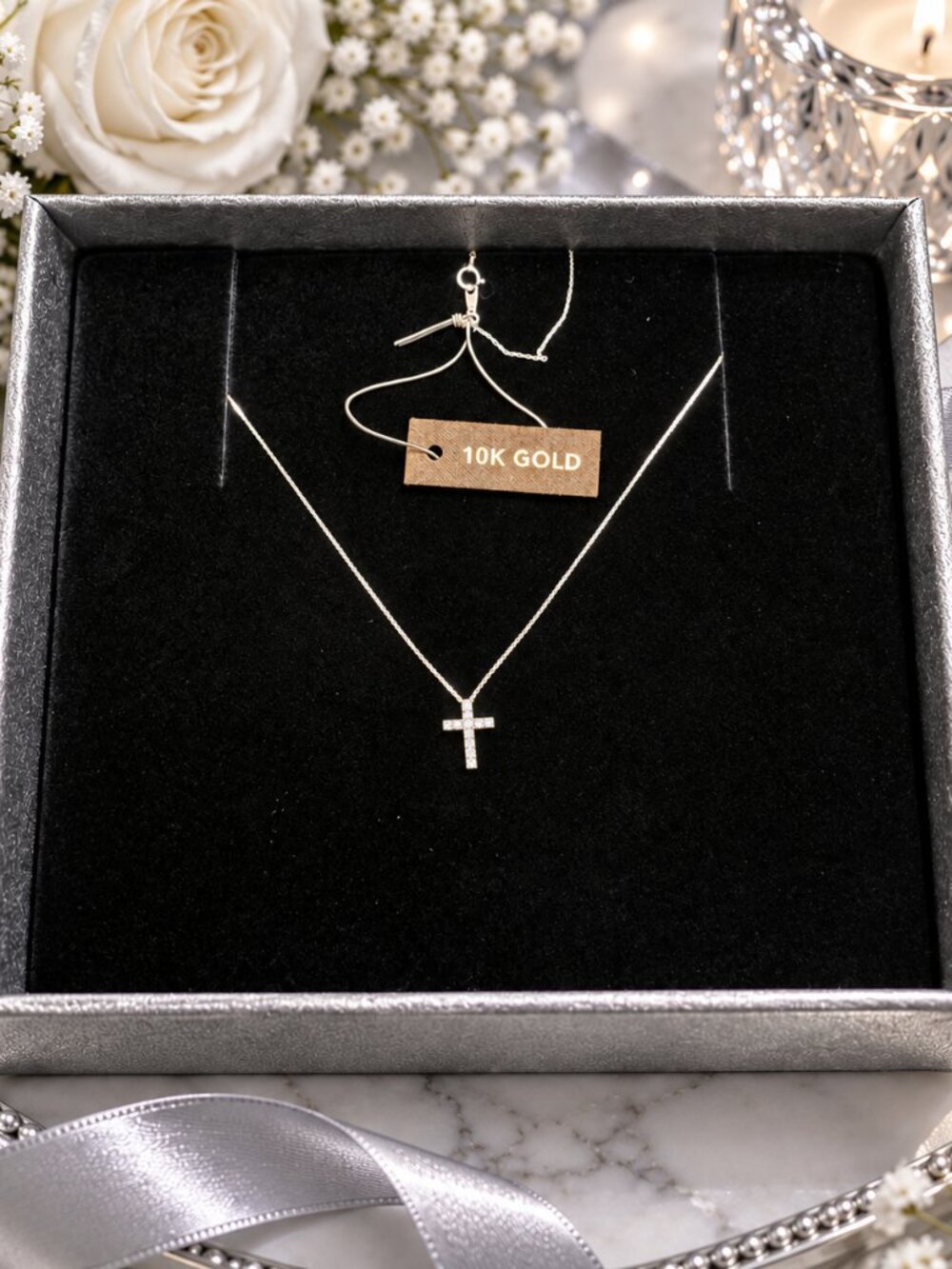 10K Solid White Gold Cross Pendant Necklace Clear Stone Religious Fine Jewelry
